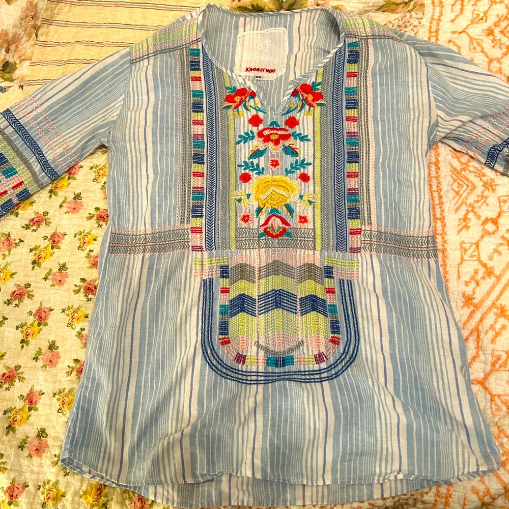 Johnny Was Blue Striped Tunic with Multicolor Embroidery